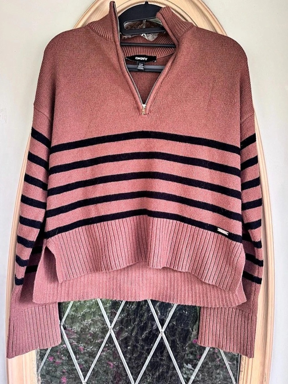 DKNY Striped Quarter-Zip Mock Neck Sweater Pink & Black XS